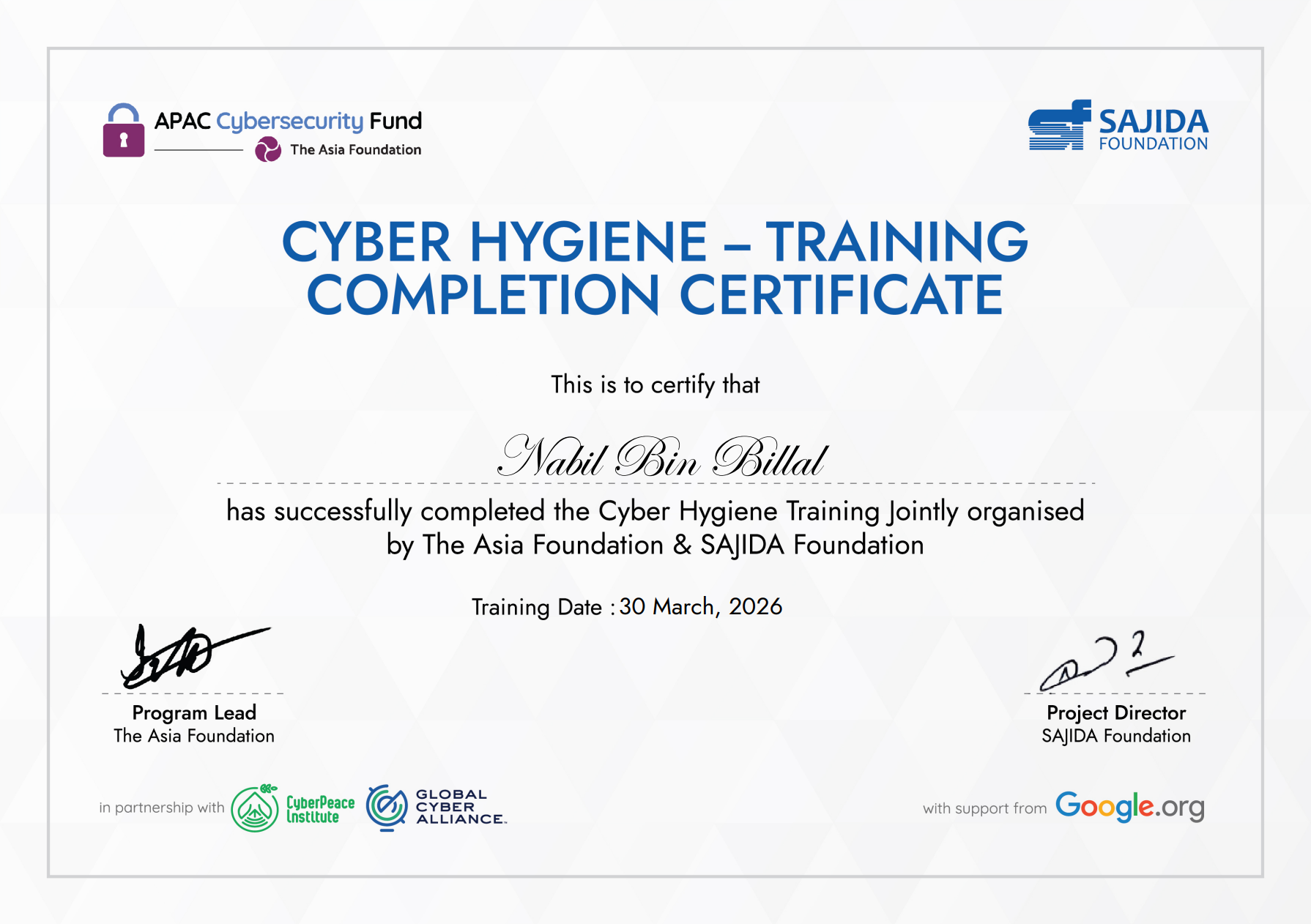 Cybersecurity Hygiene certificate
