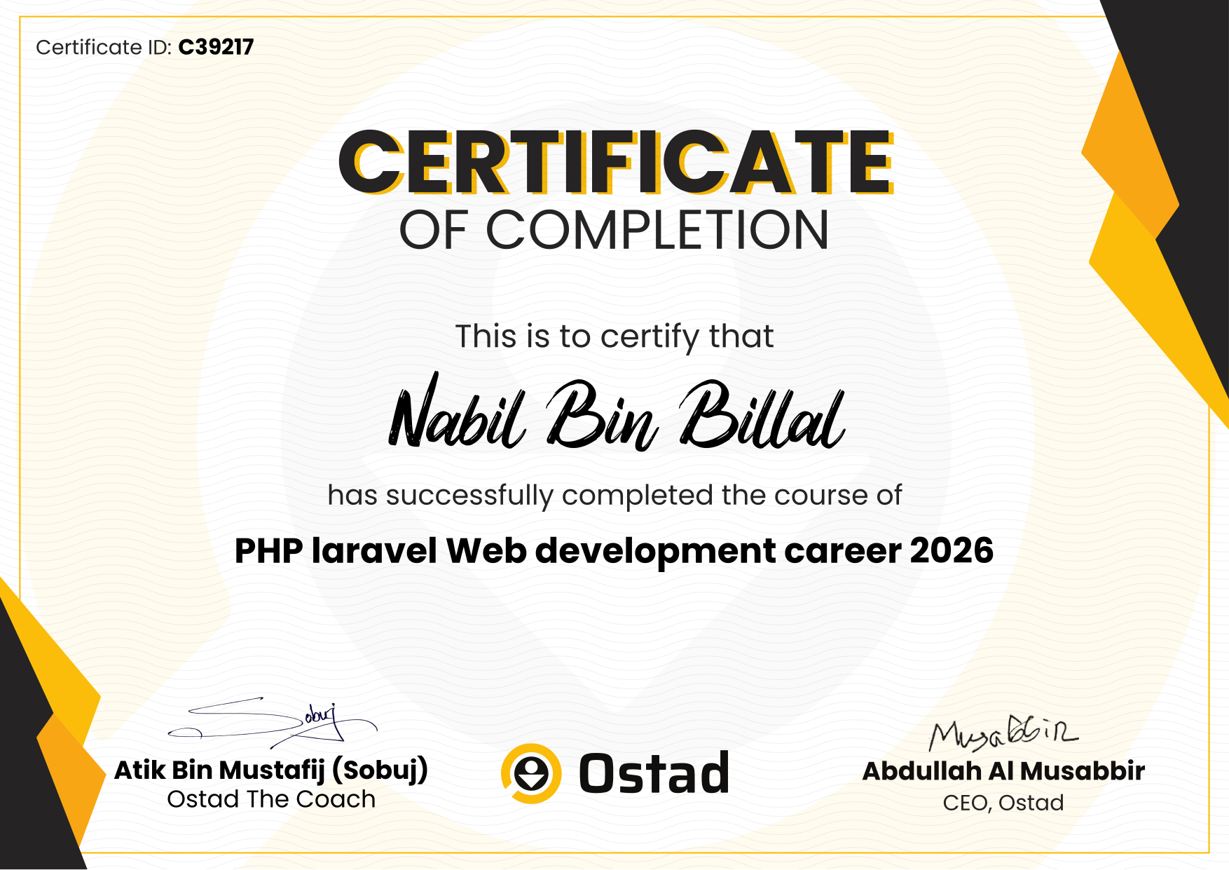 PHP Laravel Web Development certificate
